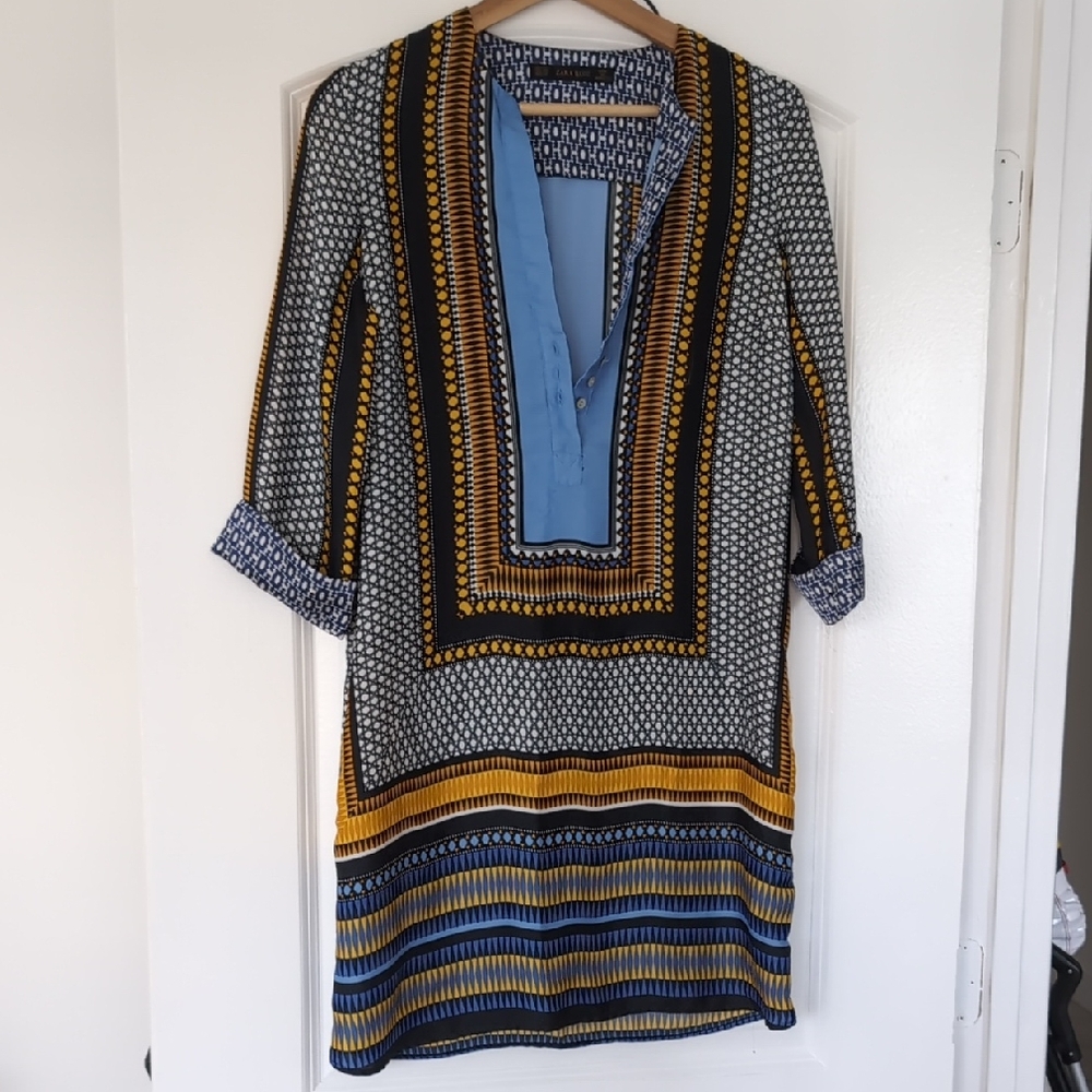 Zara Blue and Gold Geometric Long Sleeve Dress